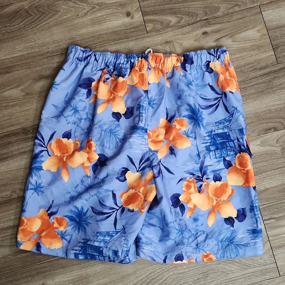 Panama Jack Blue Orange Hawaiian Print Swim Shorts Velcro Close & Pocket XL